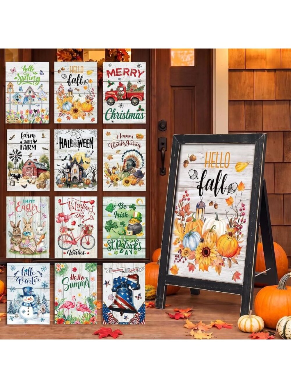 13 Pcs Interchangeable Seasonal Welcome Sign for Front Porch Decor & Home Entry